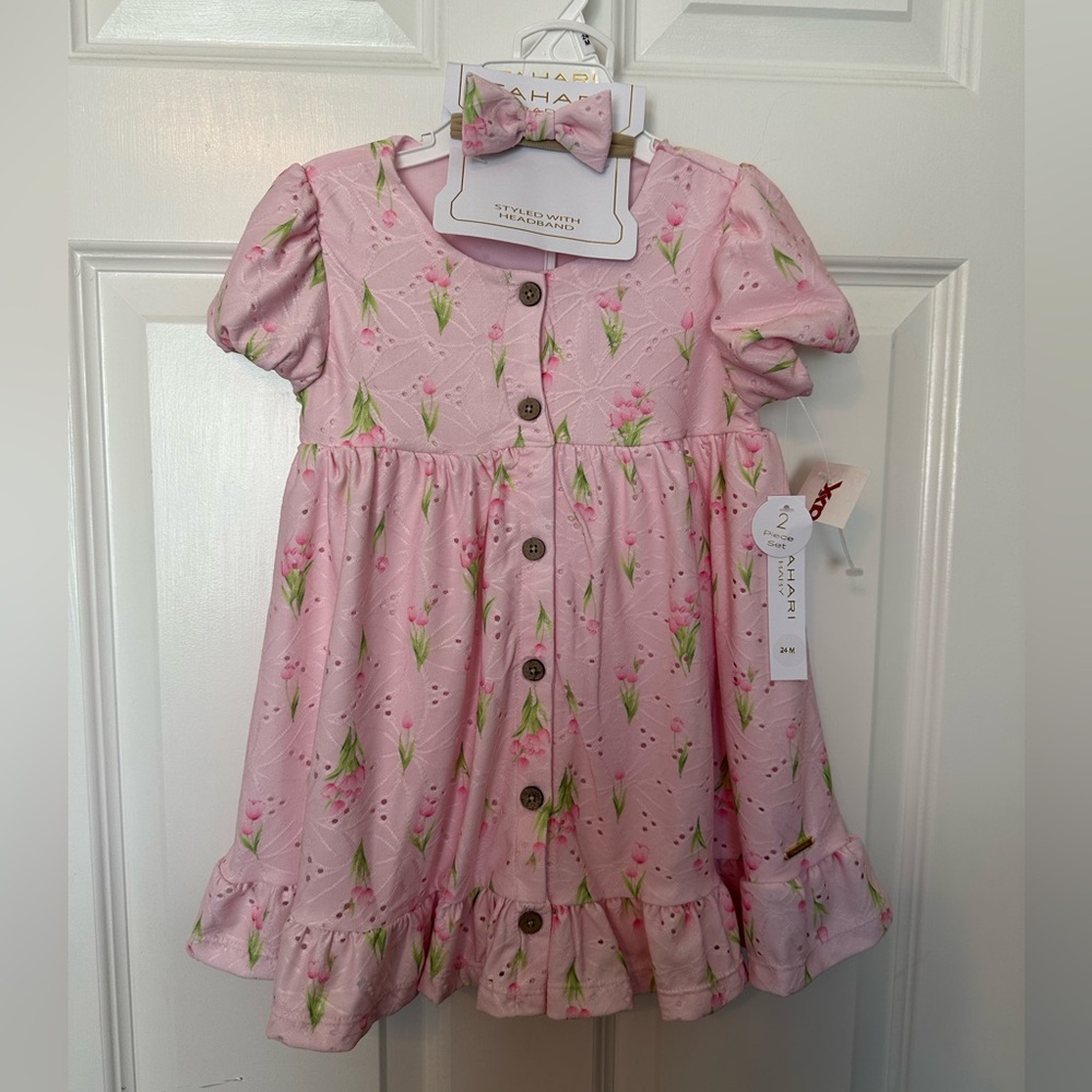NWT Tahari Pink Floral Button-Front Dress with Bow and bottoms 3 pc Sz 24 months
